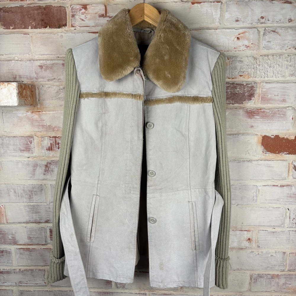 Vintage Morrow Sage Suede Leather Jacket Faux Fur Collar Knit Sleeves L Belted